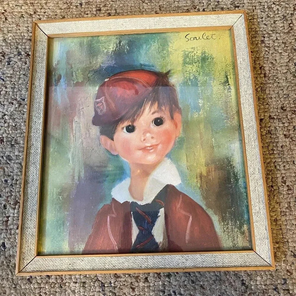 Francoise Soulet “Augustus” 1960’s Framed Print Smiled Wide Eyes Boy With Hat - Picture 4 of 7
